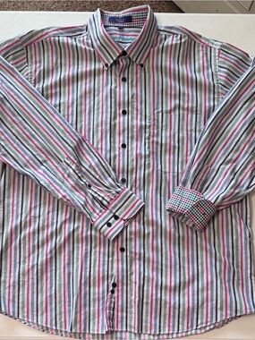 Alan Flusser Men’s Multi Color Striped Button Down with Contrast Cuffs. Size XL